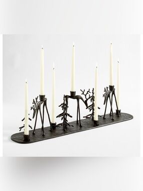 Pottery Barn Bronze Sculpted Reindeers and Trees Taper Holder Centerpiece